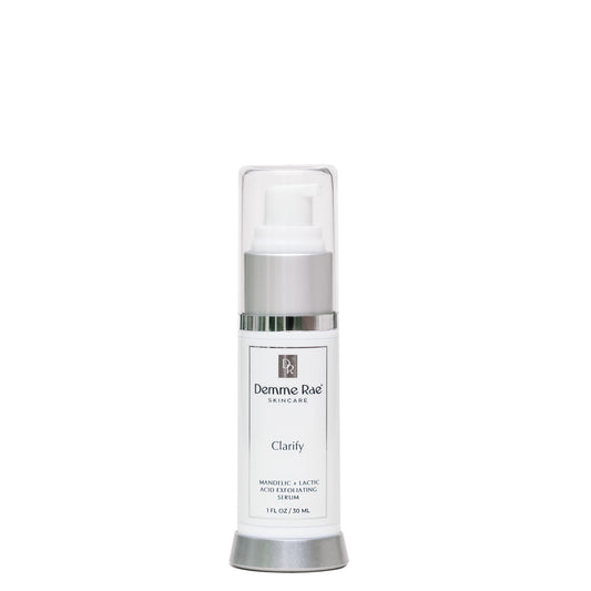 Skincare product bottle labeled 'Clarify' by Demme Rae Skincare on a white background.
