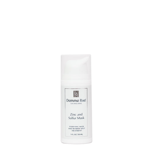 Skincare bottle labeled 'Zinc and Sulfur mask'  by Demme Rae Skincare on a white background